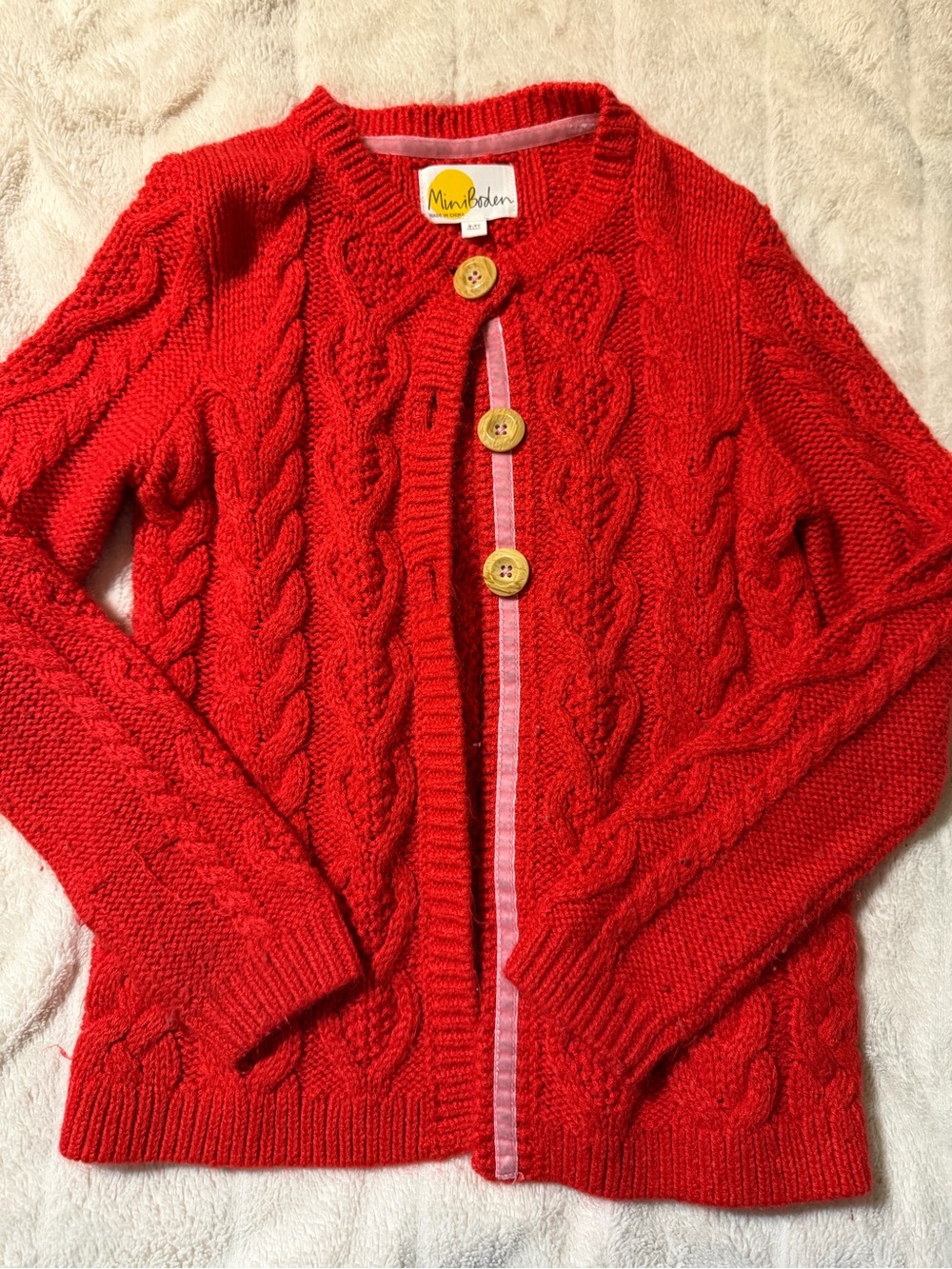 Mini Boden Red Cable-Knit Cardigan with Wooden Buttons